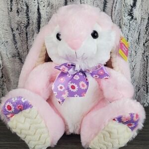 Hug Fun 12" Baby Pink Spring Easter Bunny Rabbit Plush Purple Flower Bow And Paw